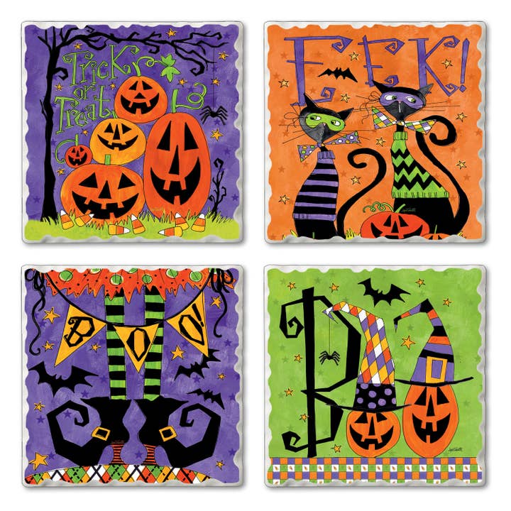 "Spooky Fun" 4pk Assorted Tumbled Tile Coasters for wholesale by Conimar Promotions