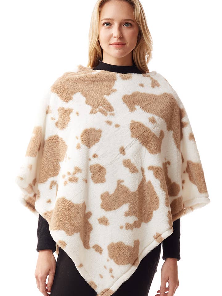 Fashion City – Engroshandel Poncho - Dame – Kvinders ko Print blød imiteret pels Poncho