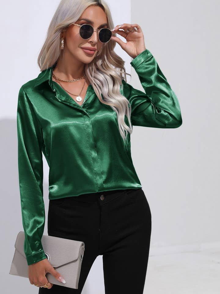 NINEXIS - Wholesale Button Down Shirt - Women's - CWTBLL0692_Button Down Silky Satin Long Sleeve Top7