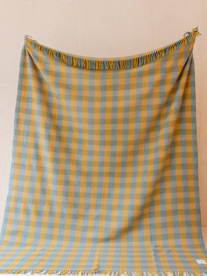 Recycled Wool Extra Large Blanket in Sage Gingham for wholesale by TBCo