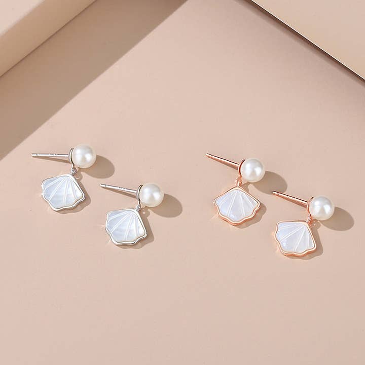 Pearl Seashell Dangle Drop Earrings in 925 Sterling Silver for wholesale by Perimade & Co. LLC
