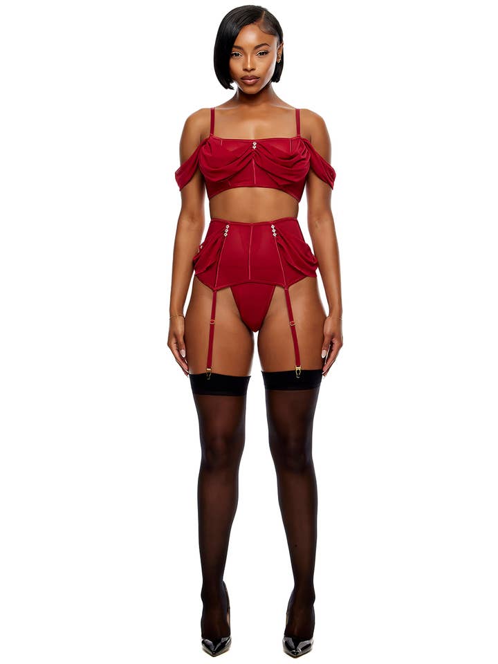 Princess Treatment Draped Mesh Bra and Garter Skirt Lingerie Set - Wine for wholesale on Faire
