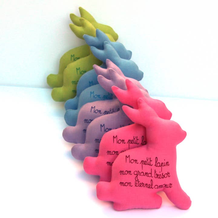 Estelle Billot - Wholesale Handheld Rattle - Baby - Baby bunny linen rattle toy with French poem. Handmade in NY2