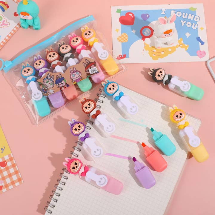 Back To School 6-Pack Cartoon Smiley Mini Highlighters for wholesale by Auraquise