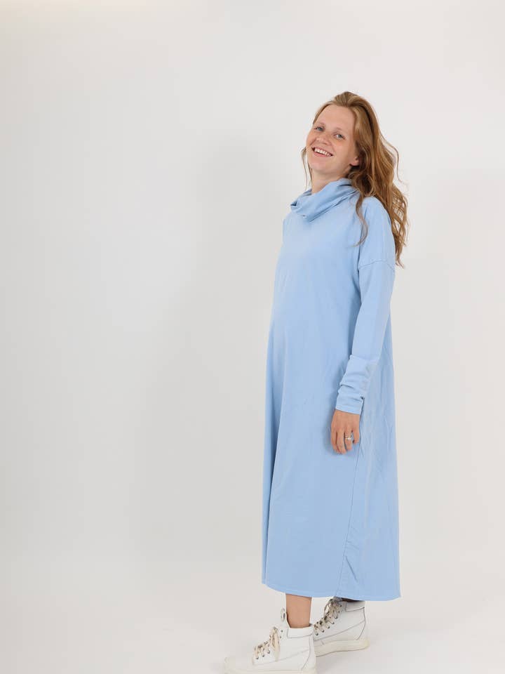 MEREDITH || COWL NECK LONG SLEEVE MATERNITY MIDI DRESS || BLUE FOG for wholesale by RASKANA
