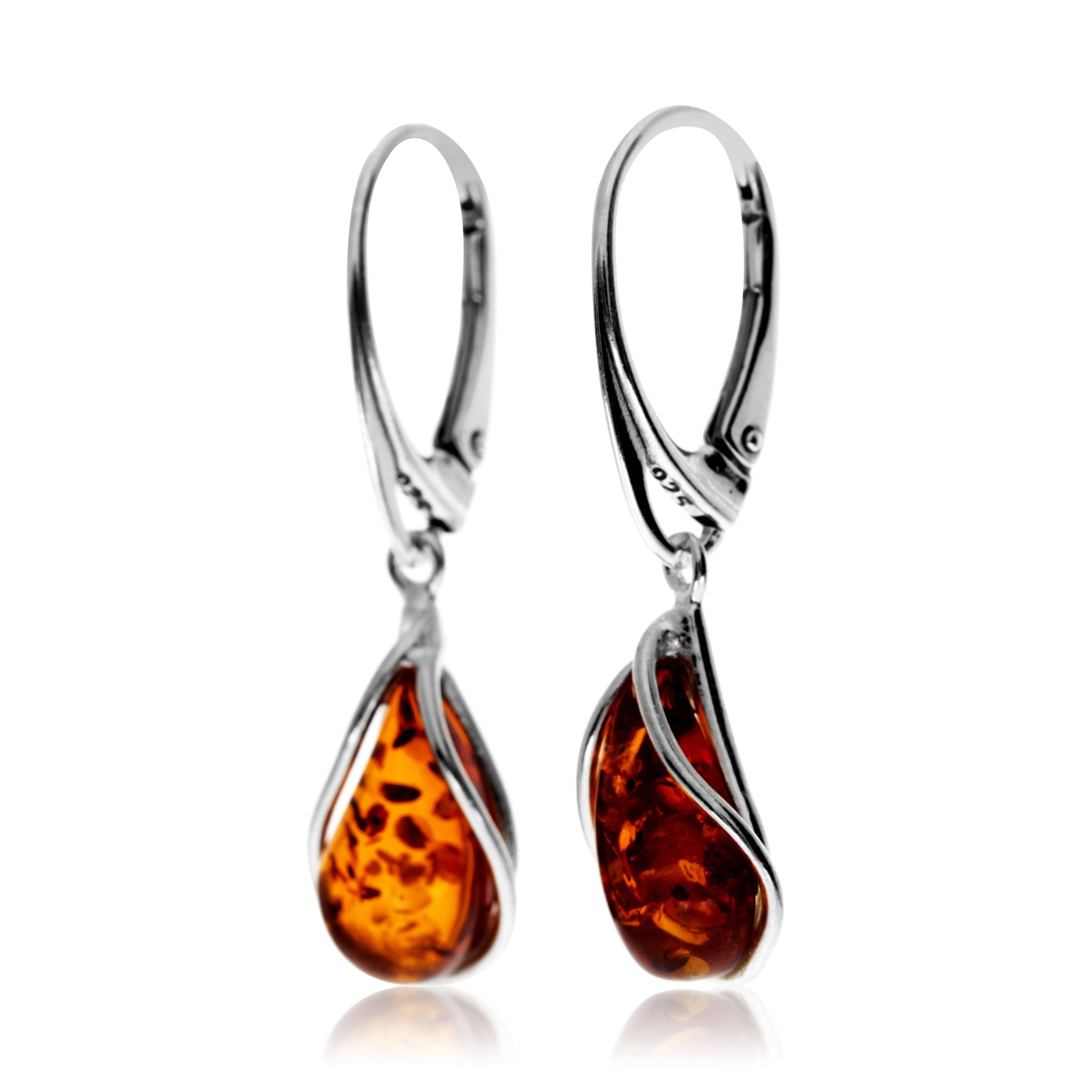 SilverAmber Jewellery – Brincos de argola por atacado – Brincos Modernos em Prata de 1ª Lei 925 e Âmbar Báltico Modernos em Lágrima /Pendente - G0294