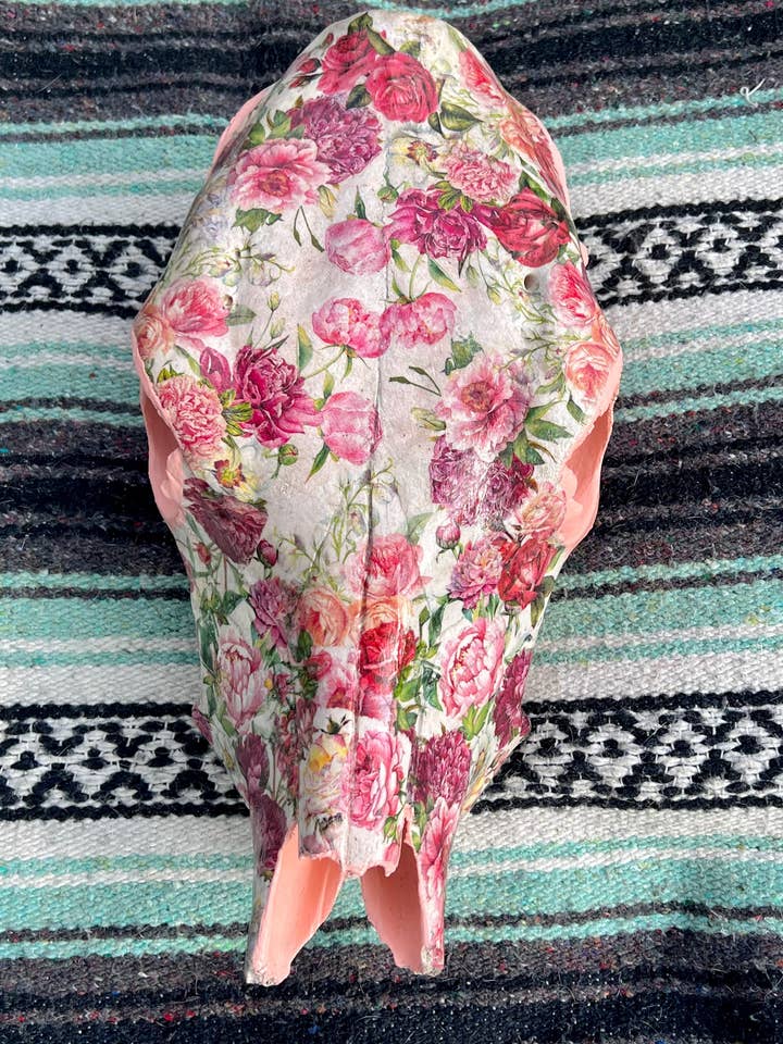 Pink Floral Decopauged Cow Skull for wholesale by Glass Mermaid Makings