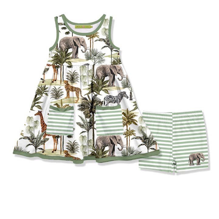 Girls White Jungle Sleeveless Pocket A-Line Dress & Shorts for wholesale on Faire