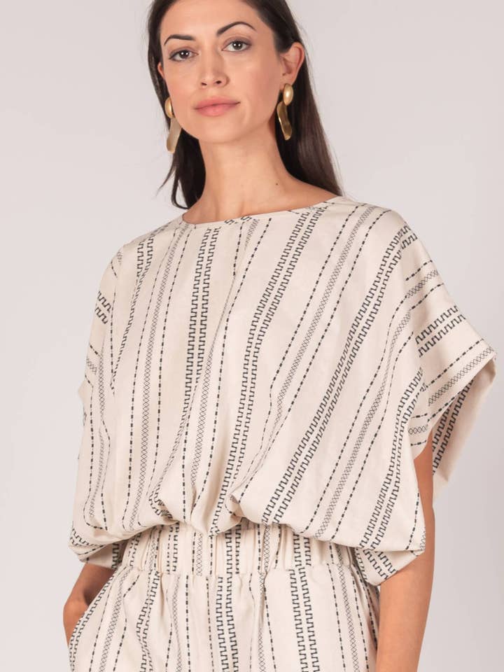 Taupe Navy P. CILL Print Linen Billowy Top for wholesale on Faire