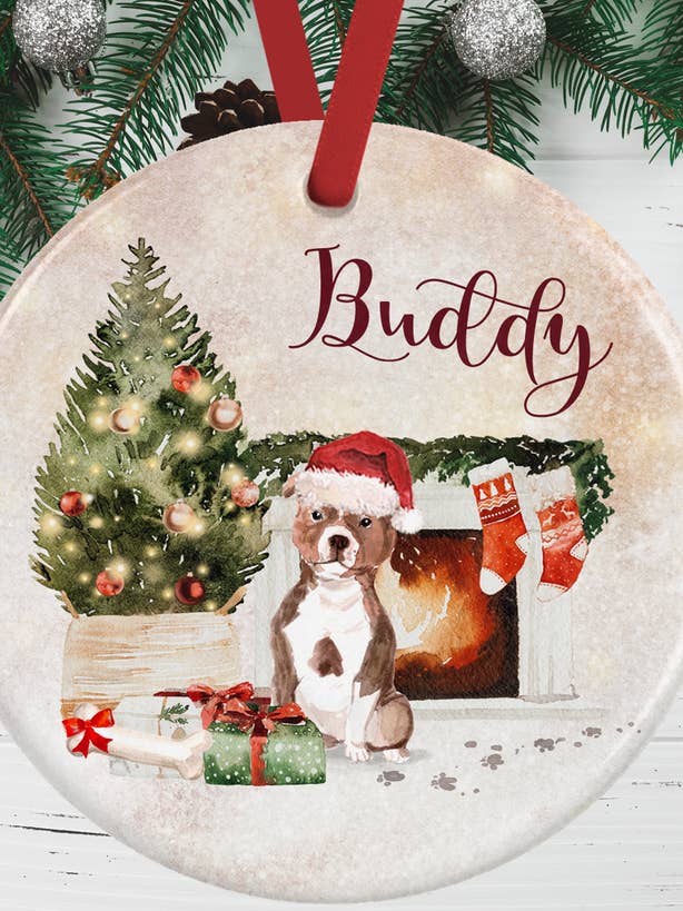 Brown Staffie Christmas Decoration for wholesale by WagATudeTags
