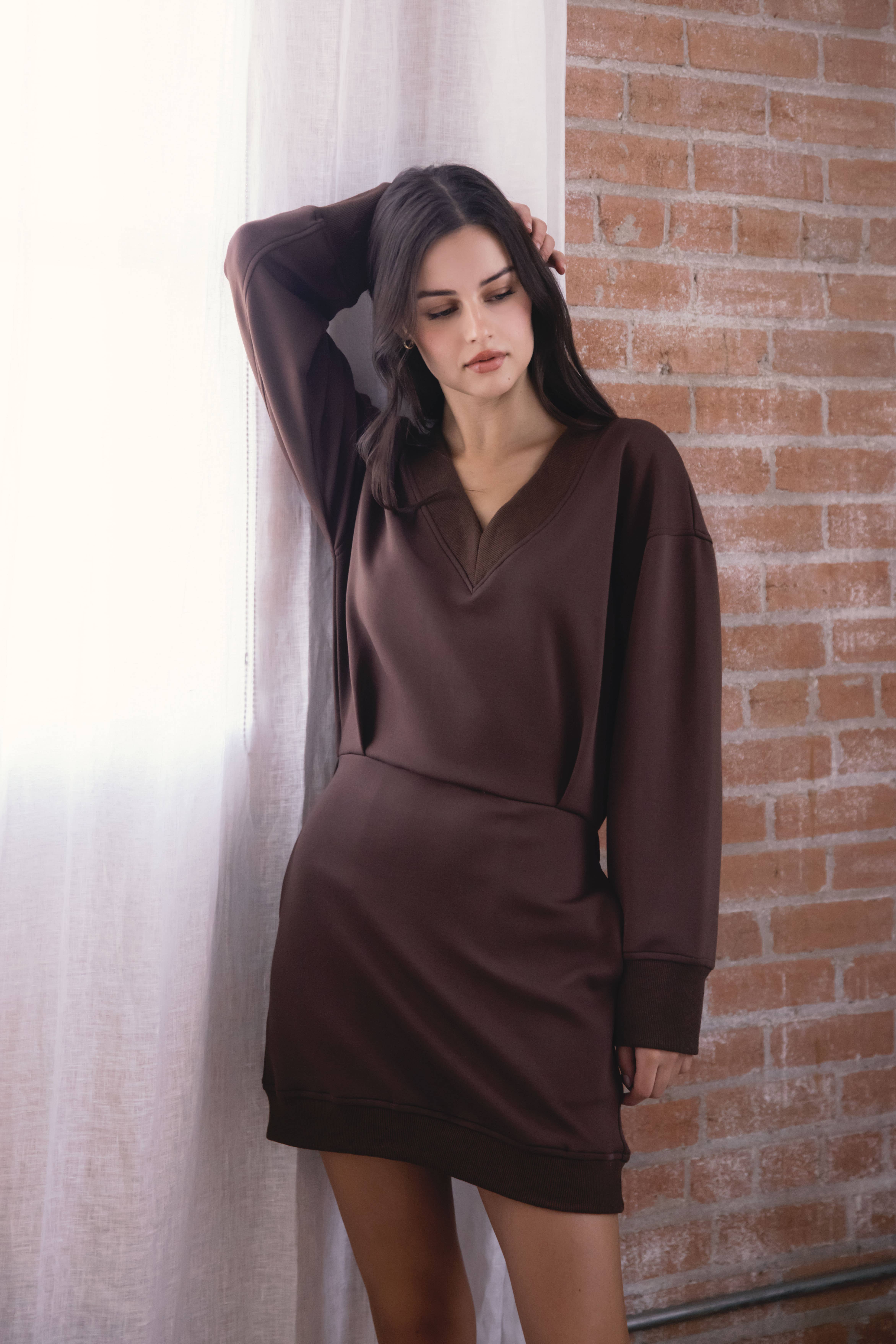 P. CILL - Wholesale Dress - Women's - P. CILL Butter Modal V Neck Ribbed Contrast Mini Dress