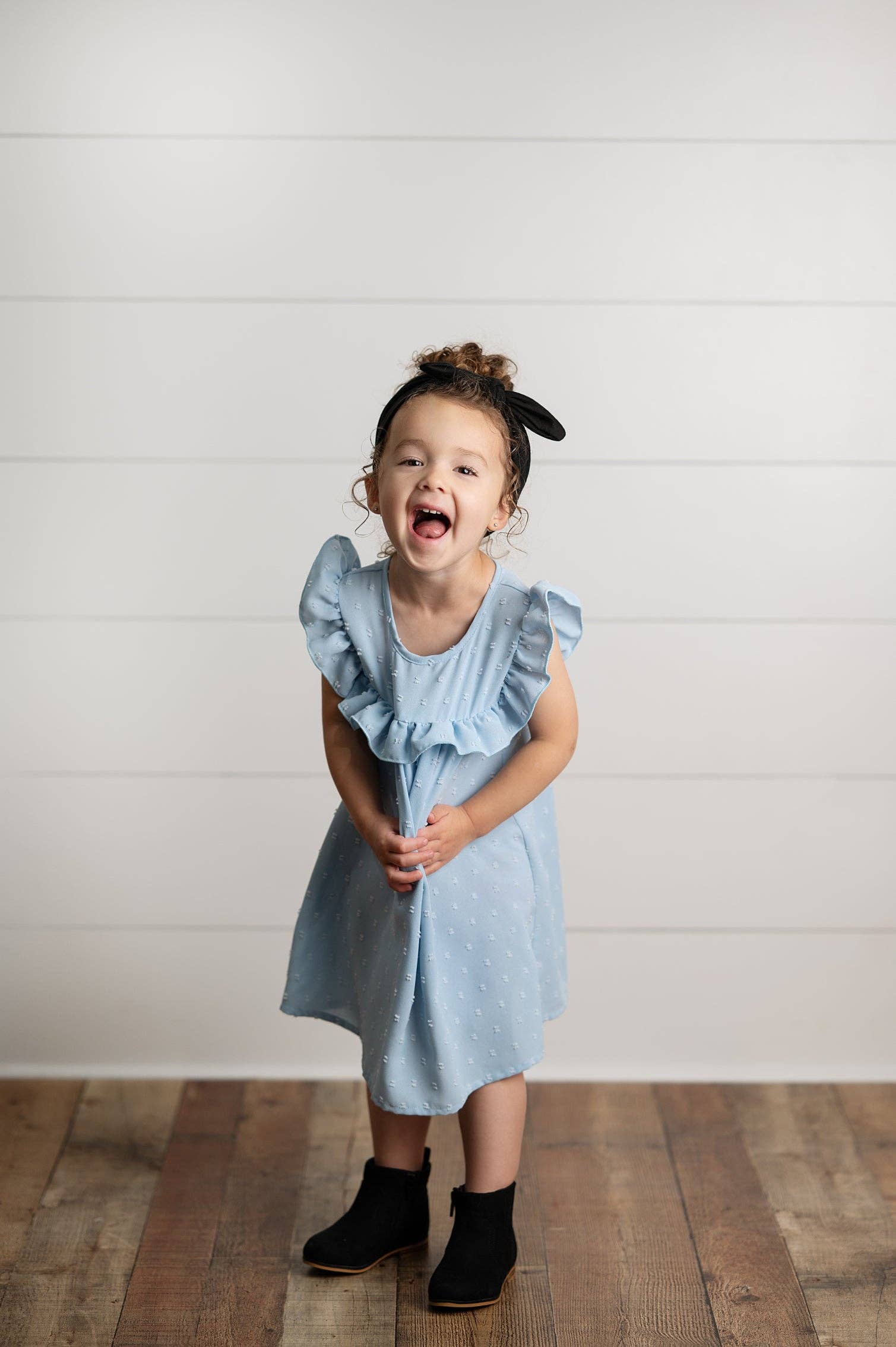 Wren & James - Wholesale Dress - Kids - Girls Dusty Blue Ruffle Bib Swiss Dot Spring Summer Dress3