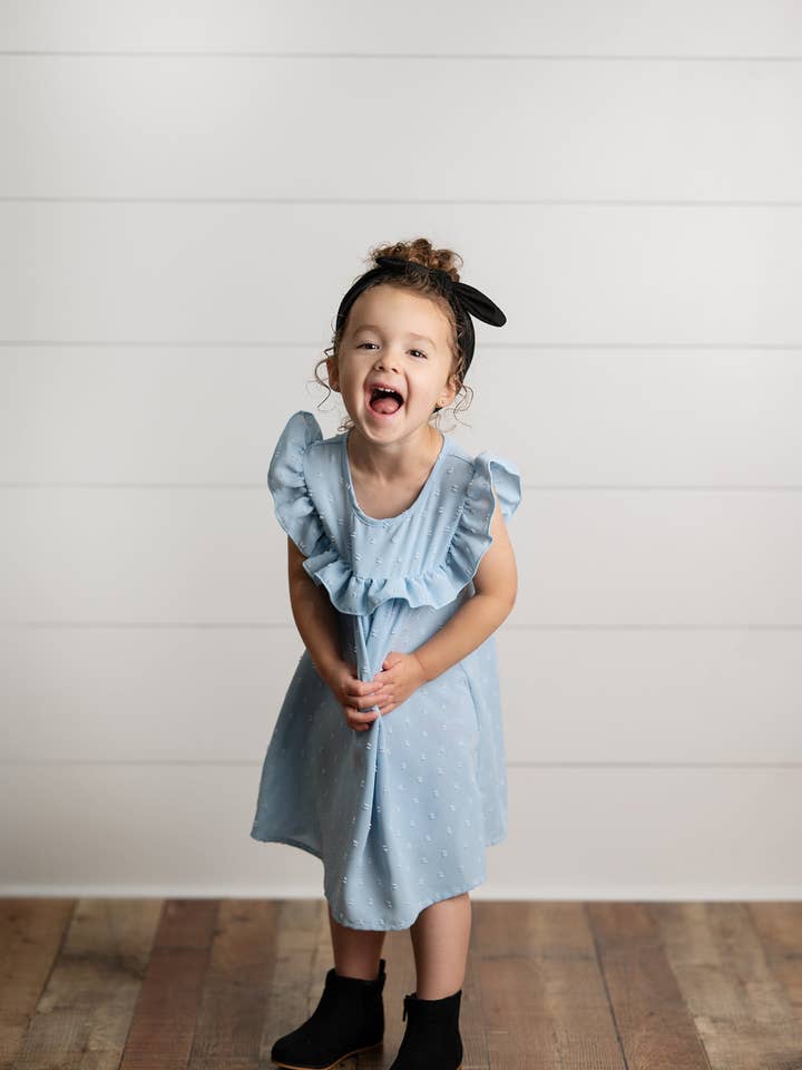 Wren & James - Wholesale Dress - Kids - Girls Dusty Blue Ruffle Bib Swiss Dot Spring Summer Dress3