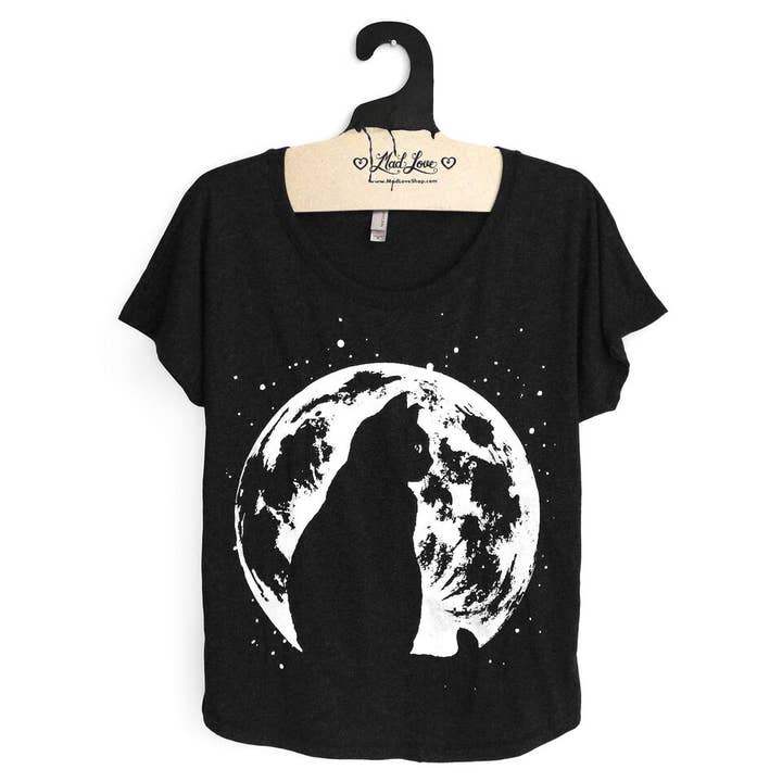 Black Dolman Top with Cat Moon Print for wholesale by Mad Love Shop