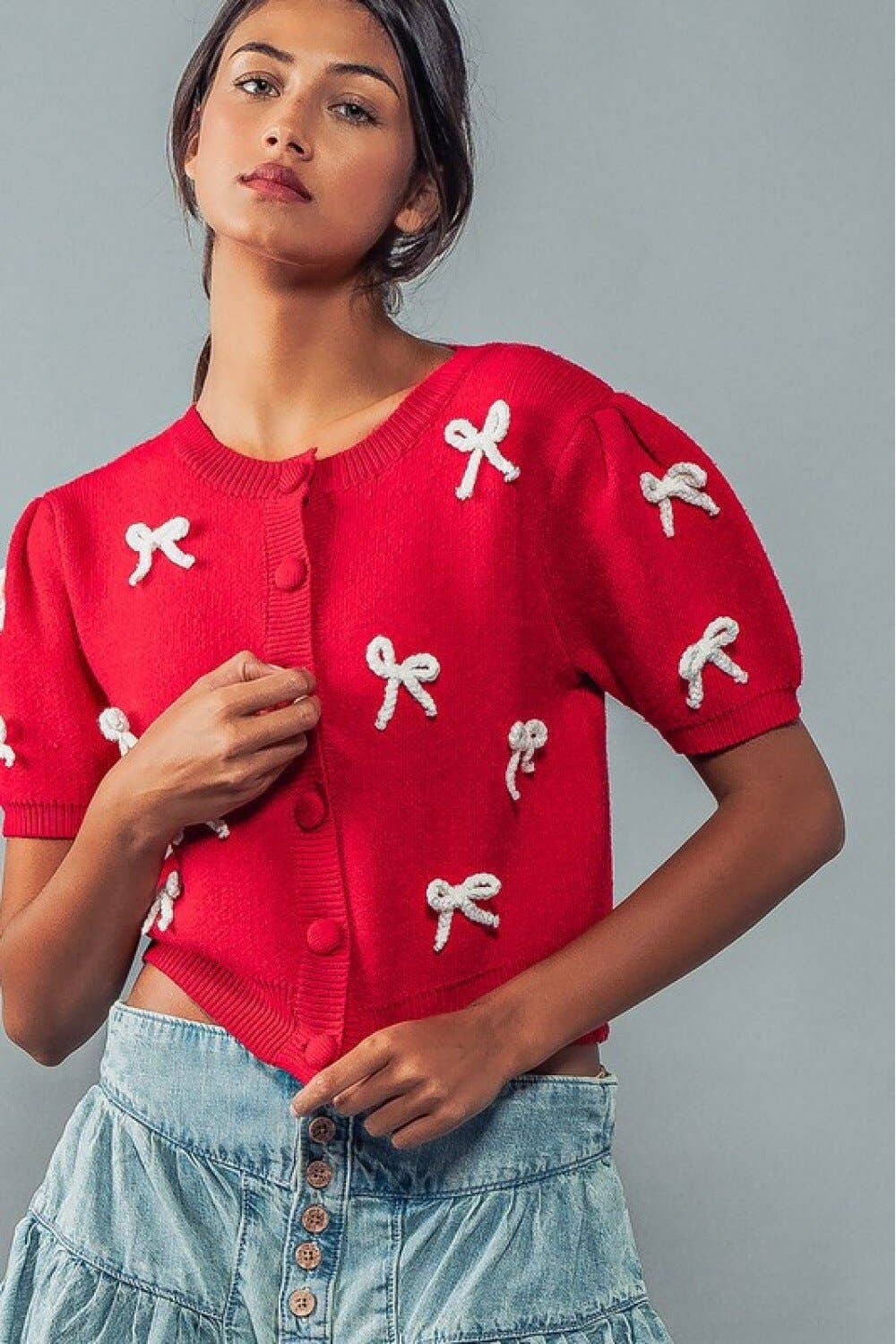 Dipped Shop – Cardigan - Mulher por atacado – Cardigan de Malha com Laços e Mangas Curtas Doces DPT25150316