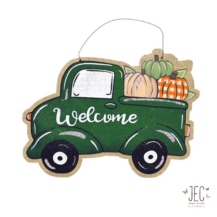 Green Truck Pumpkins Burlap Wall Décor 22"x16" for wholesale by JEC Home Goods Inc