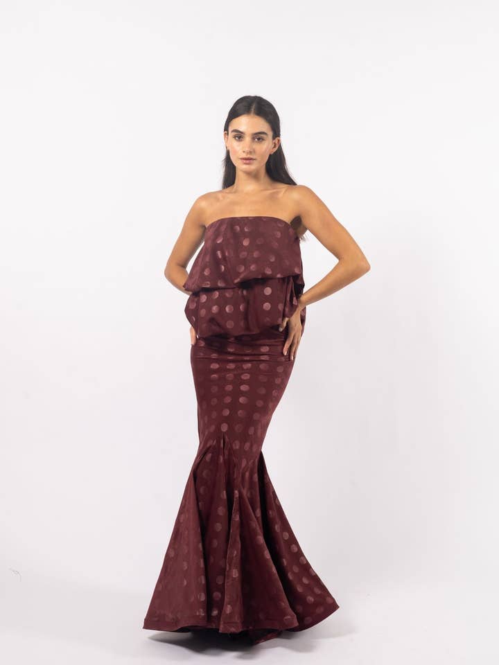 Conjunto Livia | Top Globo de Doble Capa Jacquard Burdeos y Falda Sirena al Bies para venta al por mayor de Ashley Stambouli