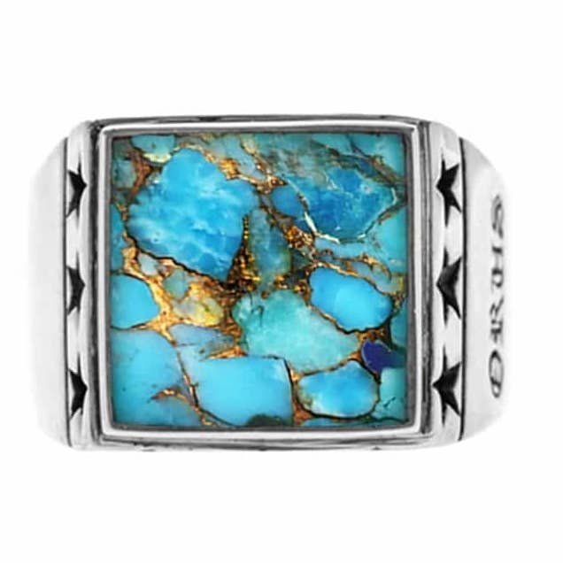 Silberfarbener Herren-Siegelring mit türkisem Stern für den Großhandel von Orus bijoux men