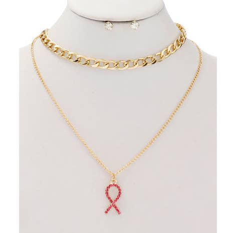 Layered Pink Ribbon Necklace for wholesale by Atlas Fashion