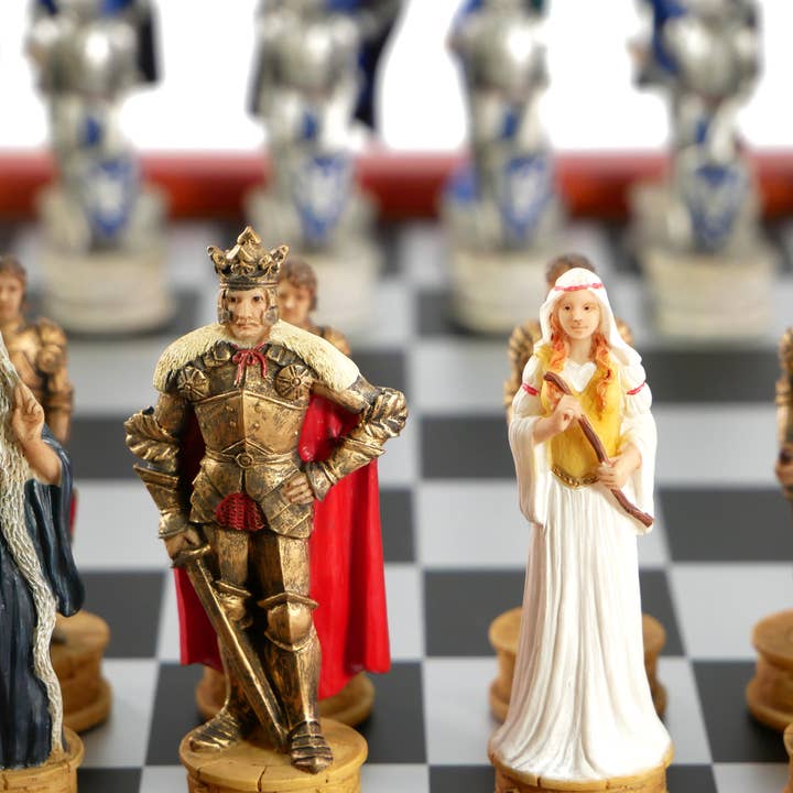 WorldWise Imports - Wholesale Board Game - Chess Set - King Arthur Resin Chessmen on Cherry Chest