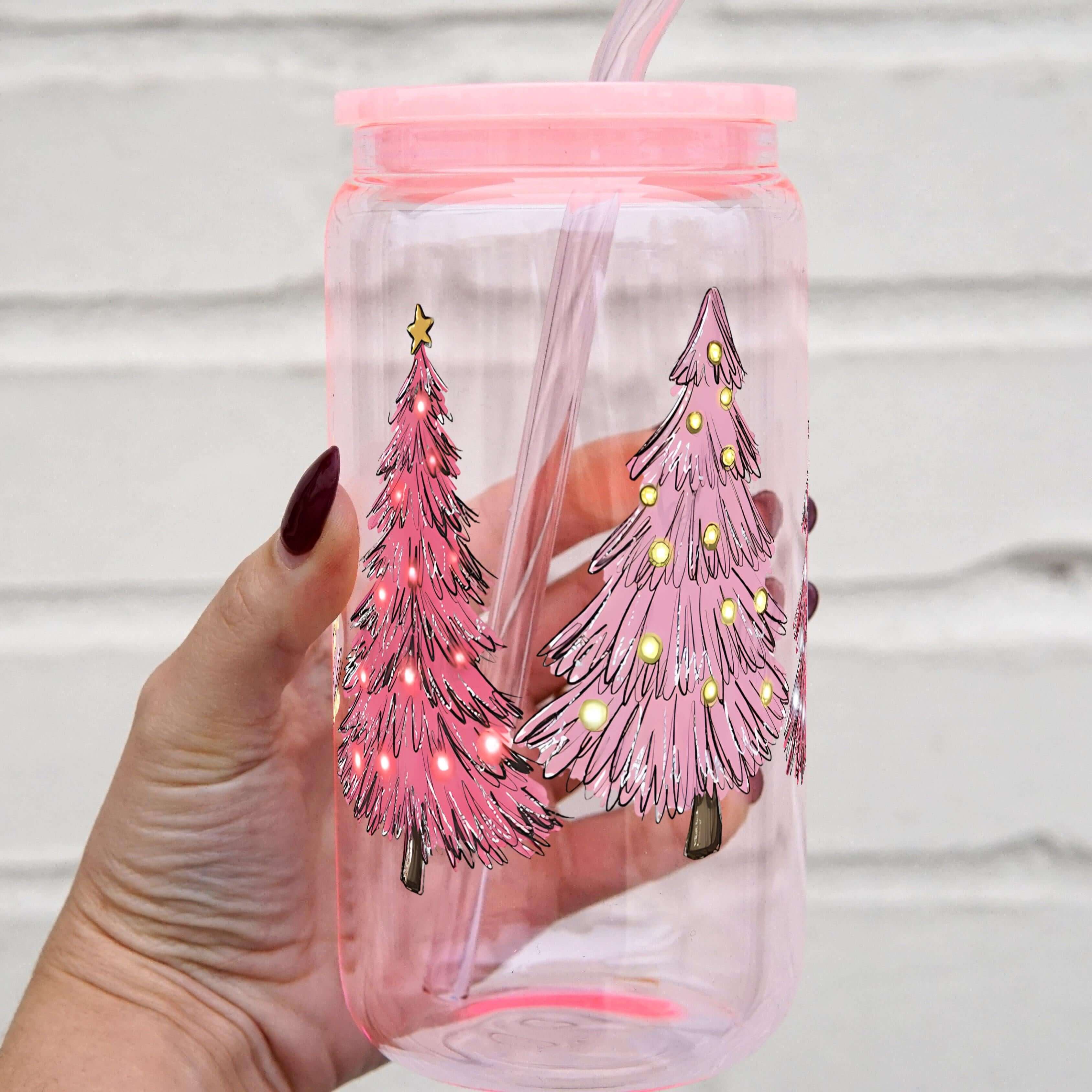Sip-Sip Hooray! - Wholesale Drinkglas/beker - Roze Kerstbomen Beker Met Deksel en Rietje1