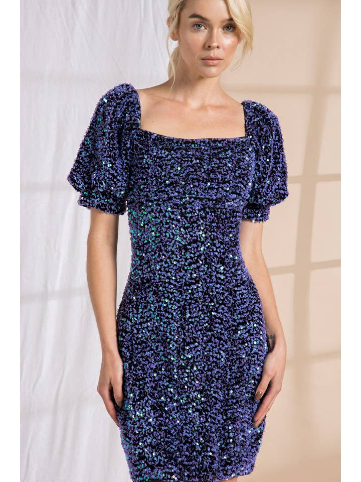 LENA - Wholesale Dress - Women's - Sequin Square Neck Balloon Short Sleeve Mini Dress