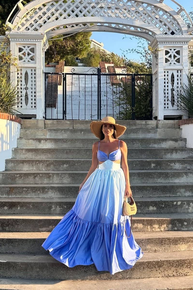 BLUE CWDMD4149_GRADIENT COLOR SUSPENDER LONG DRESS for wholesale on Faire