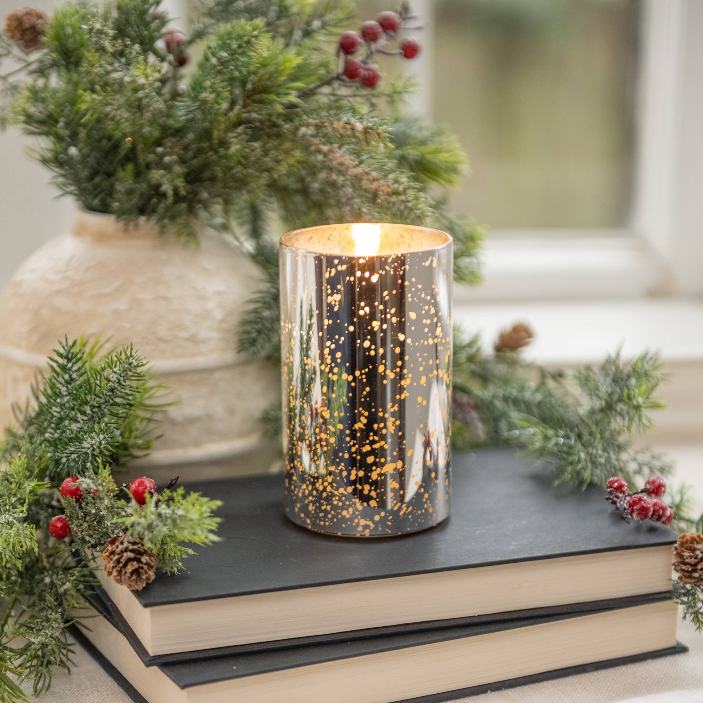 Ragon House - Wholesale Flameless Candle - 5" SILVER MERCURY GLASS 3D FLAME CANDLE0