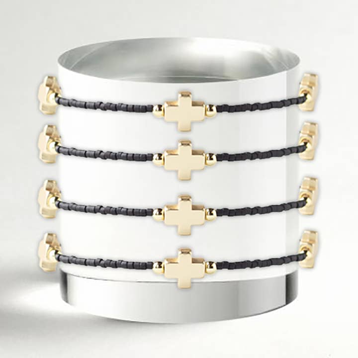Faithful Beaded Cross Bangle w/ Matte Gold Crosses-Black for wholesale by Lenny & Eva