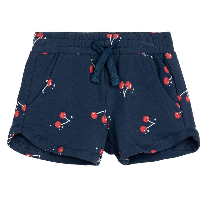 Cherry Print on Navy Terry Girl Baby Shorts for wholesale by Miles the Label