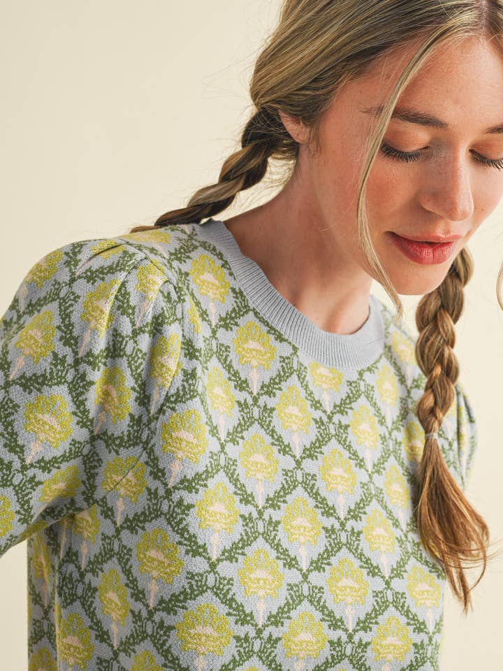 &MERCI - Wholesale Knit Sweater - Women's - FLORAL PATTERN SHORT SLEEVE SWEATER MSW1086040