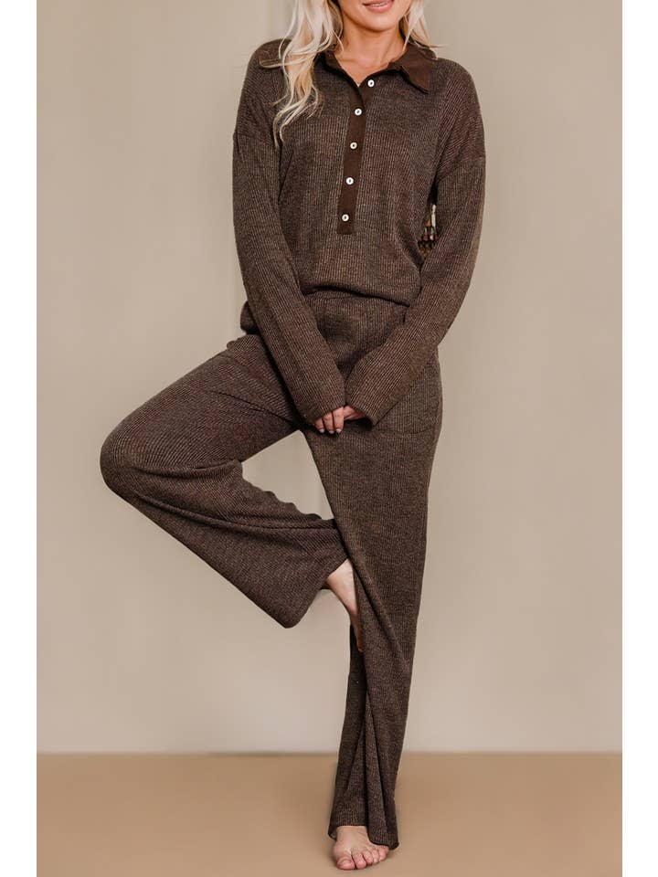 Brown Ribbed Knit Collared Henley Top and Pants Lounge Outfit for wholesale on Faire