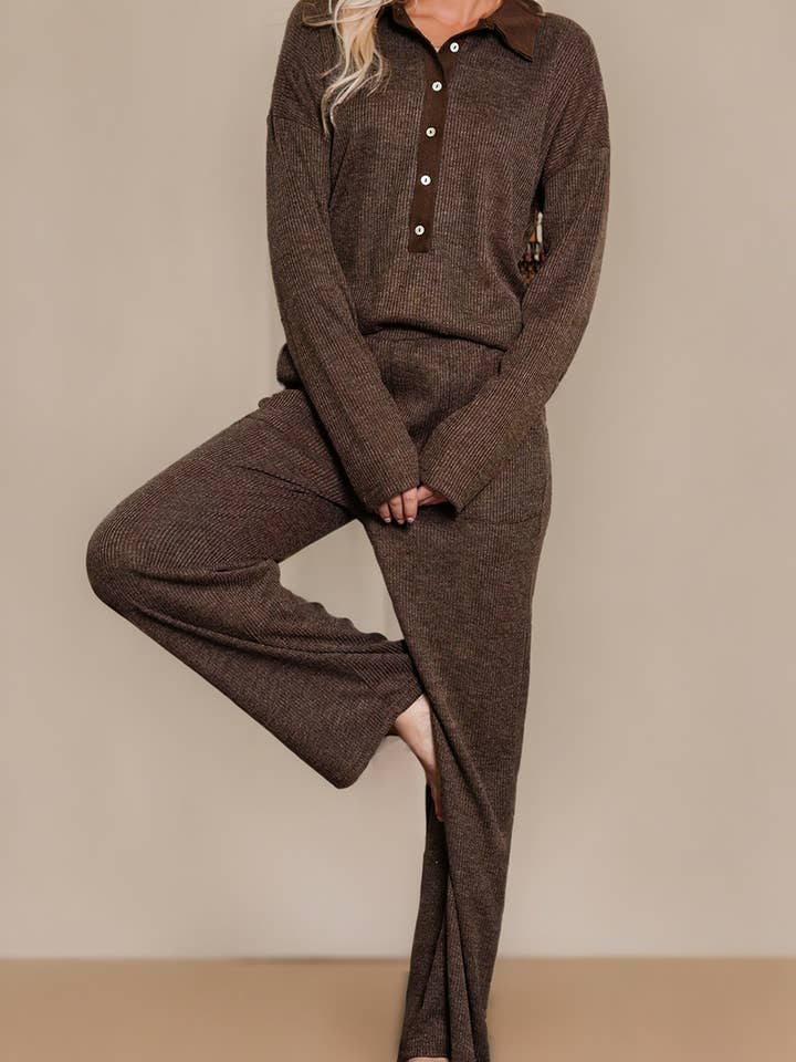 Ribbed Knit Collared Henley Top and Pants Lounge Outfit for wholesale by LA Society
