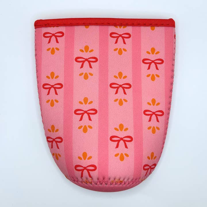 Sun and Mind Co. - Wholesale Drink Huggers & Koozies - Festive Bows and Stripes Pink Iced Coffee Drink Sleeve2