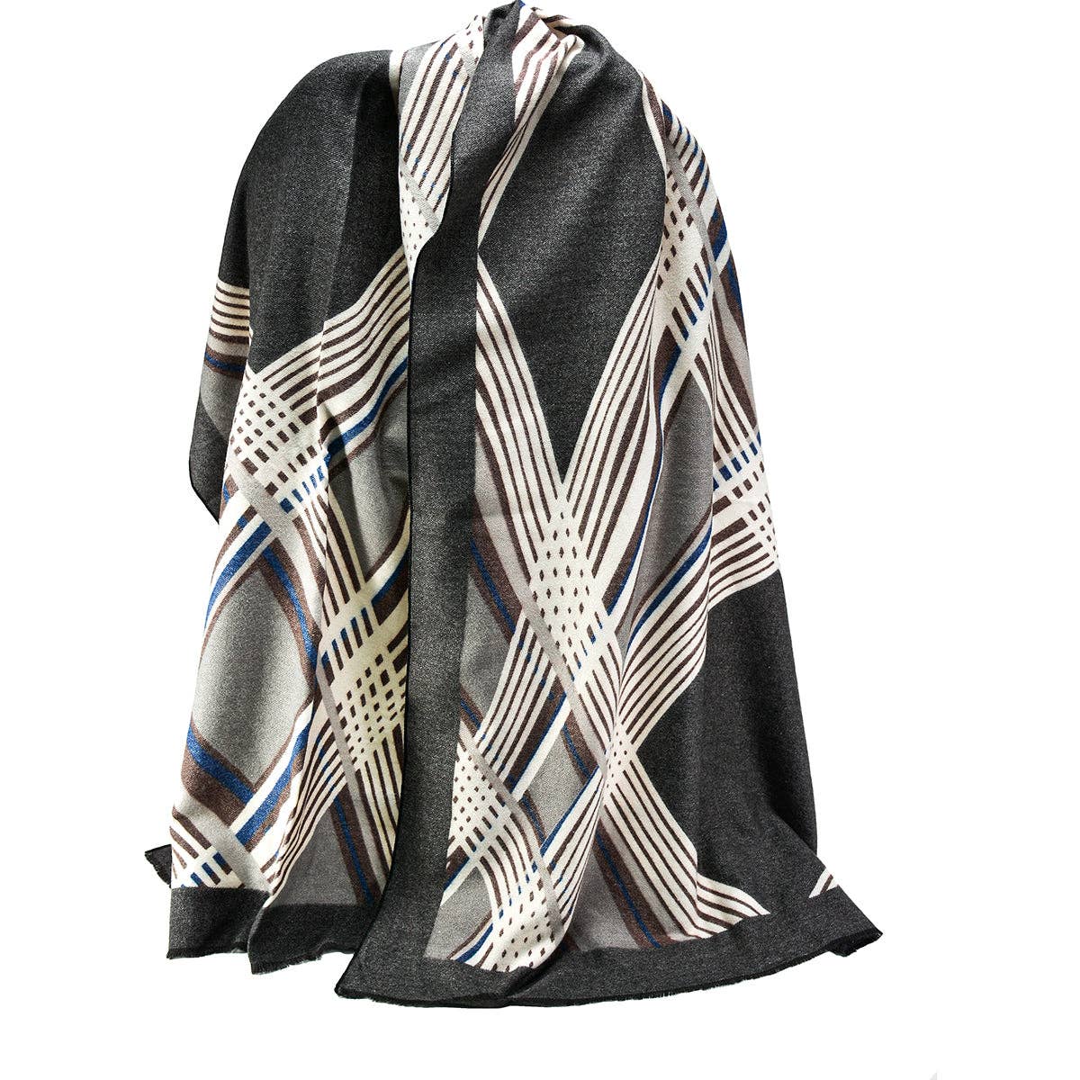 BNB Crafts Inc. - Wholesale Scarf - Women's - Criss-Cross Blue and Brown with Grey Color Oversized Scarf2