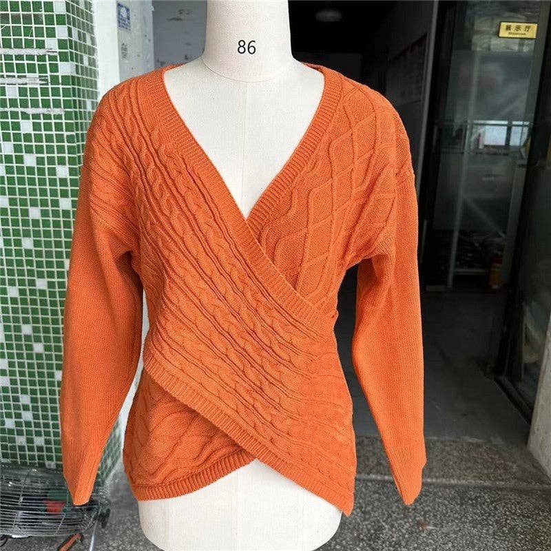 UZ Wholesale Store – wholesale Pullovertröja - Dam – Enfärgad V-ringad korslagd jacquard smal casual tröja4