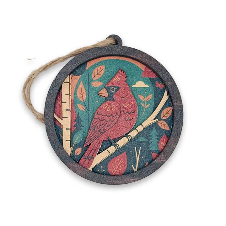 Scandinavian Inspired Cozy Cardinal 3 Layer Wood Ornament for wholesale by Token Atelier