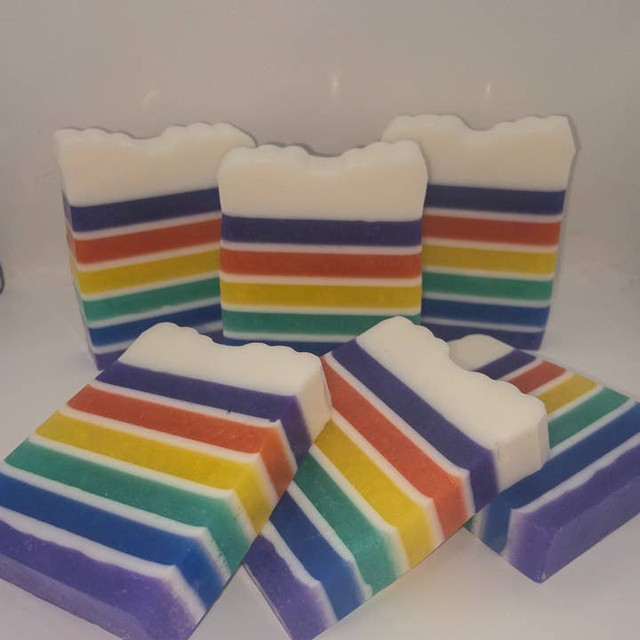 Striped soap scented in Raspberry Crush for wholesale by Zappy Bath and Body