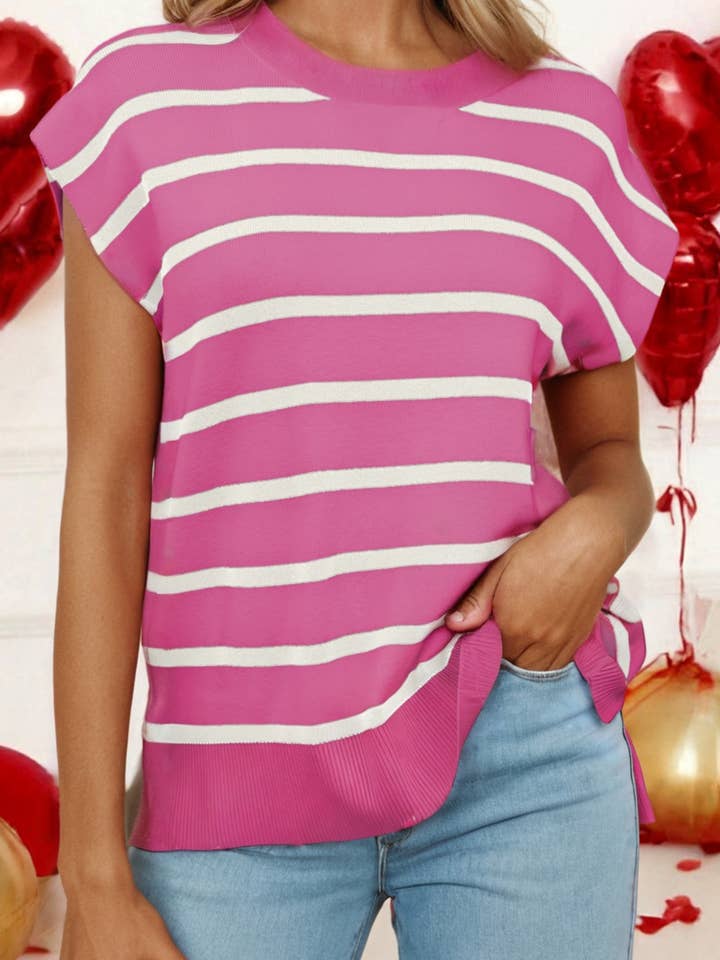 LDC Stripe Side Slits Crewneck Short Sleeve Sweater Tee for wholesale by Little Daisy Closet