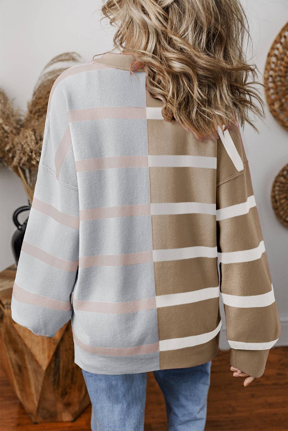 Amaryllis Apparel - Wholesale Tunic Sweater - Women's - Stripe Colorblock Oversized Sweater27