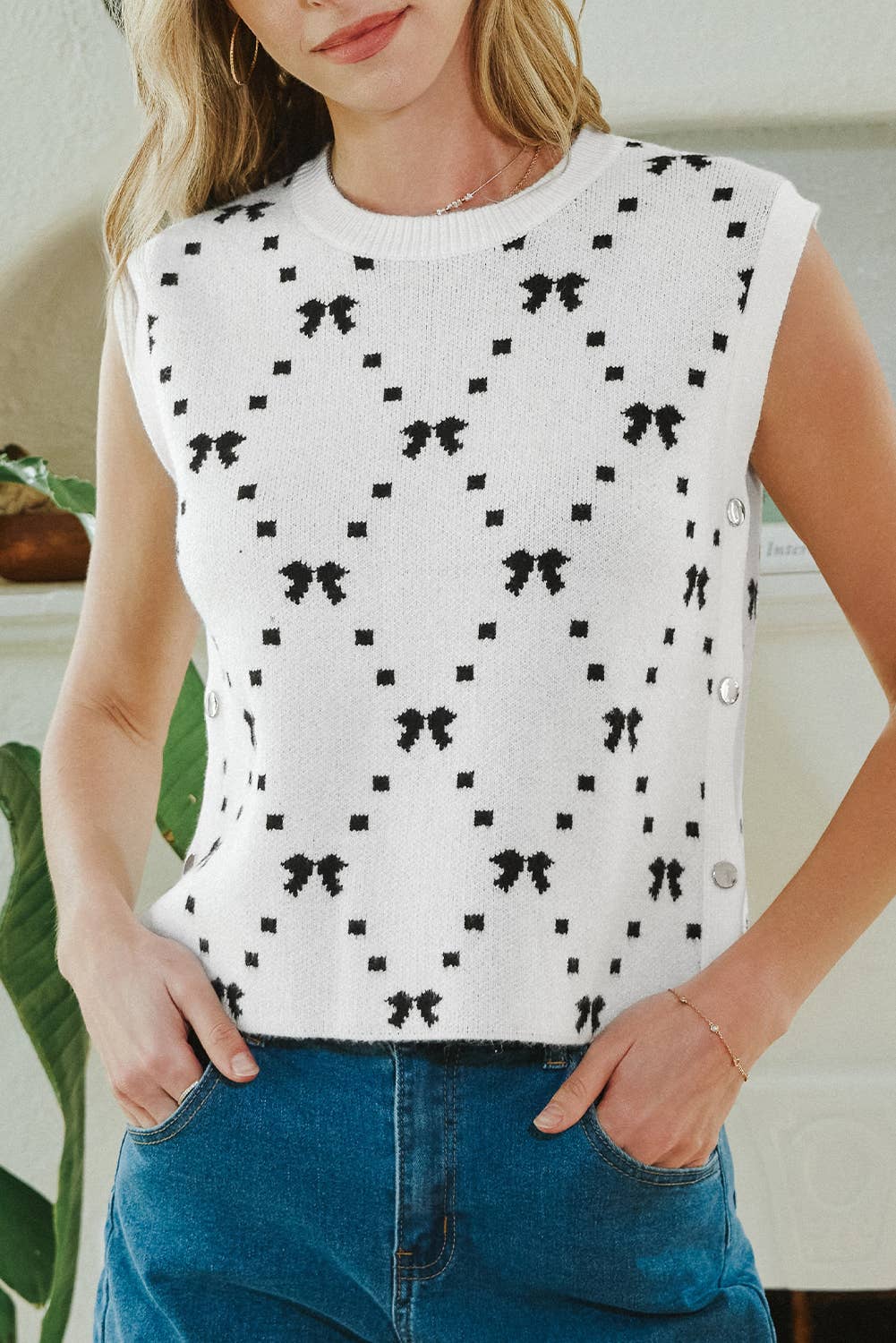 fashionworks - Wholesale Knit Sweater - Women's - Fashion-W Preppy Vibes Bow Print Zipped Collar Sweater Tee5