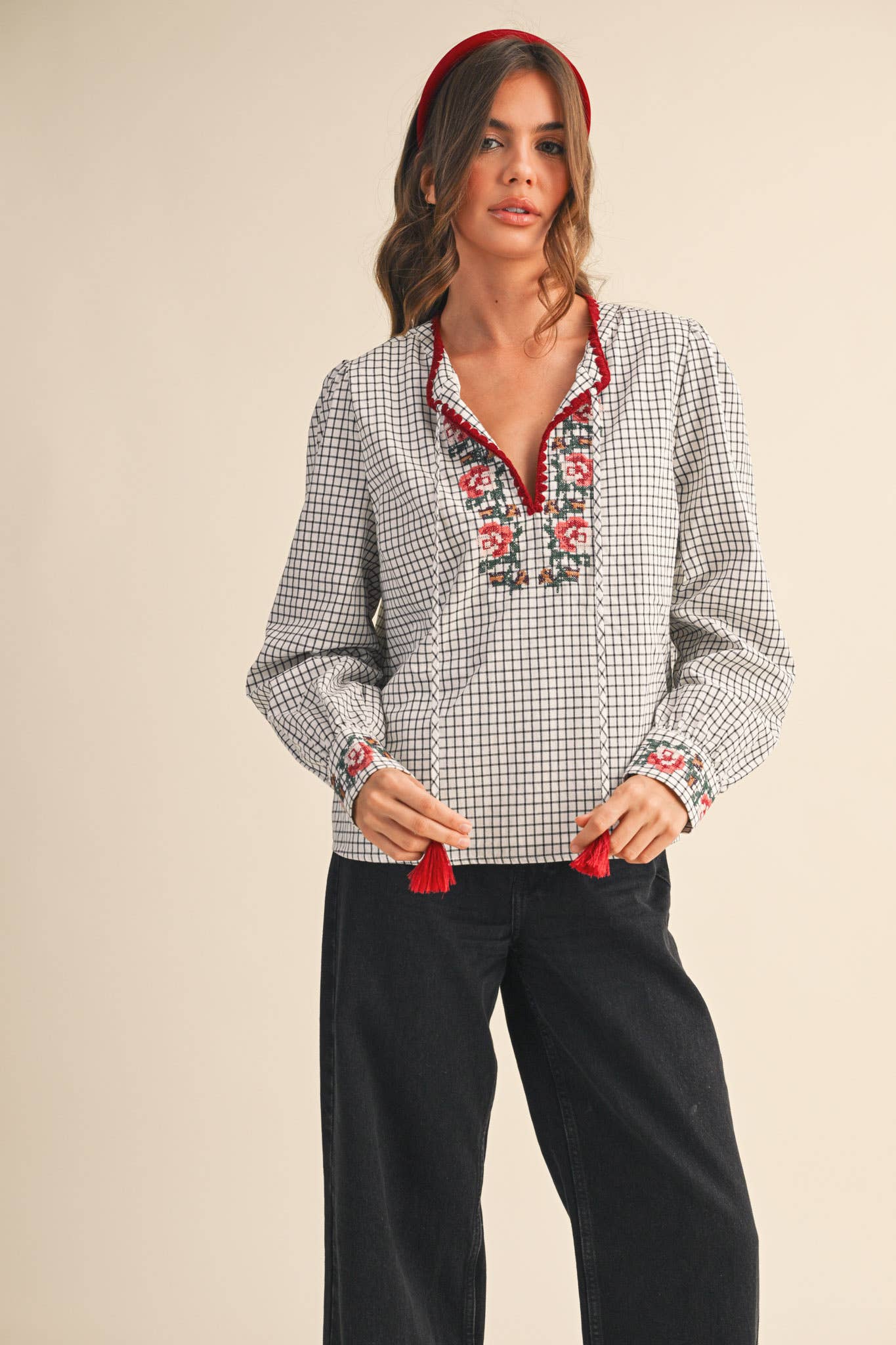 &MERCI - Wholesale Blouse - Women's - FLORAL CROSS STITCH EMBROIDERED CHECKERED TOP MTP41478