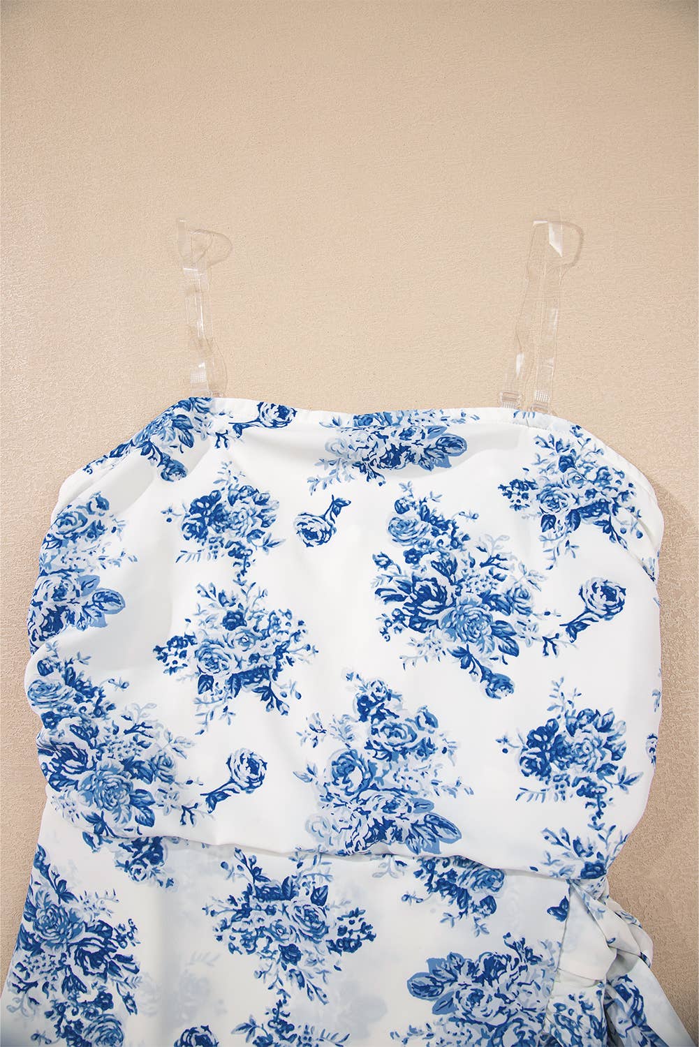 Blue Floral Print Strapless Zipped Back Knot Waist Ruffled Romper for wholesale on Faire6