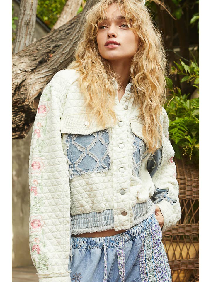 Pol Clothing - Wholesale Jacket - Women's - Vintage washed embroidered sleeve quilted jacket13