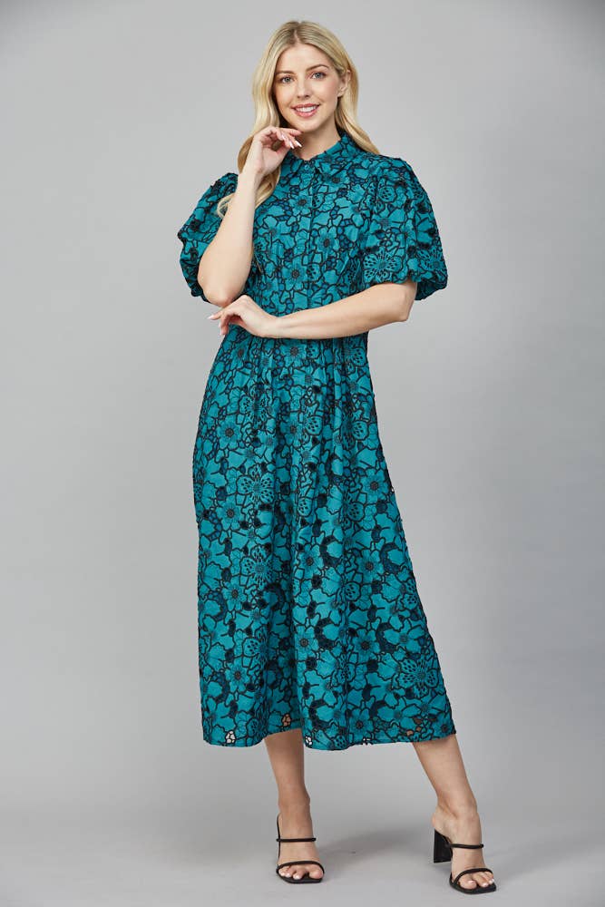 FATE - Wholesale Dress - Women's - PLEATED WAIST HALF BUTTON DETAIL EYELET LACE DRESS FD3546312