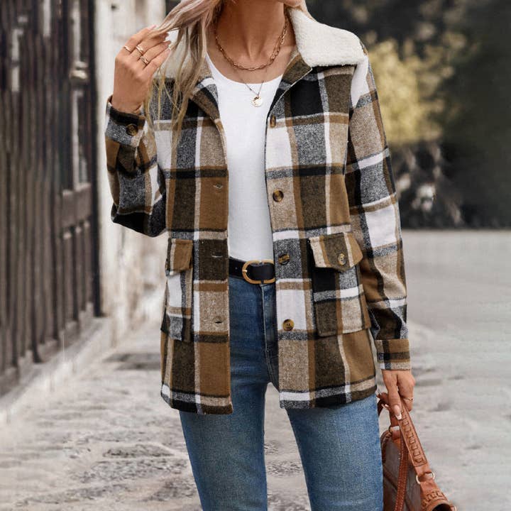 Khaki Polished Lapel Plaid Jacket Women for wholesale on Faire
