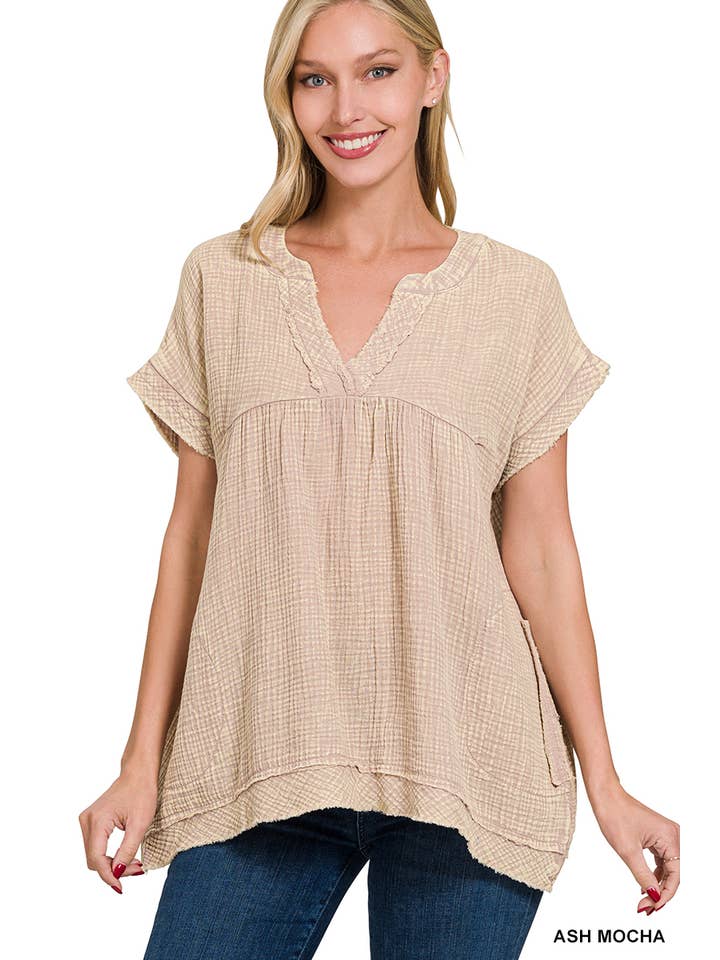 42POPS – wholesale Tunika - Dam – "Rå kant kortärmad V-ringad tröja1