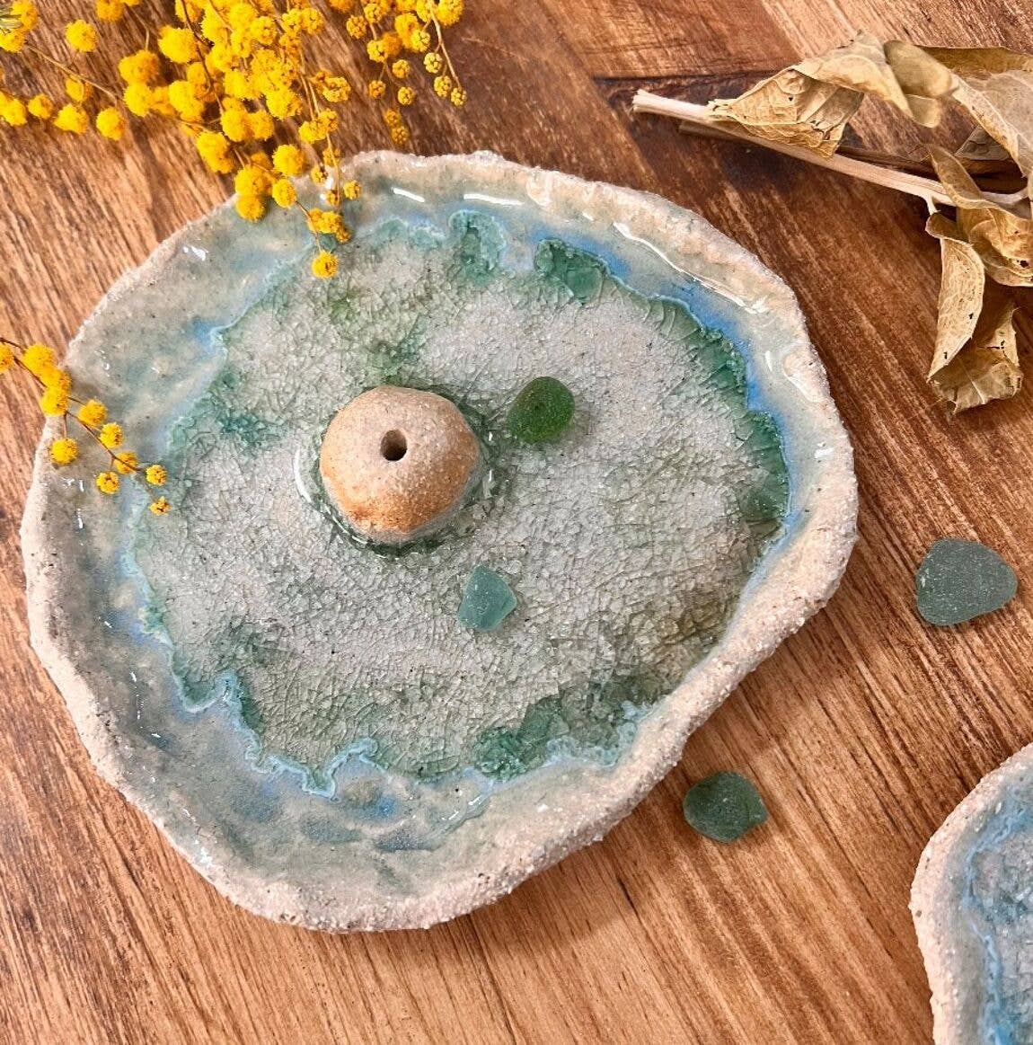 veronicaruizceramica – Engroshandel Røgelsesholder – Turkis røgelsesbrænder med genbrugt strandglas5