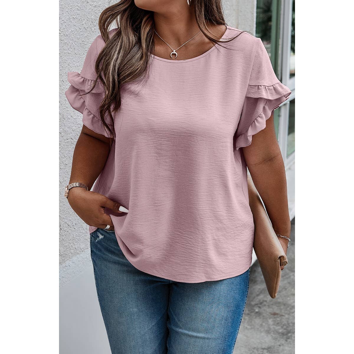 Elings - Wholesale Blouse - Women's - Plus Size Round Neck Ruffle Solid Loose Shirt7