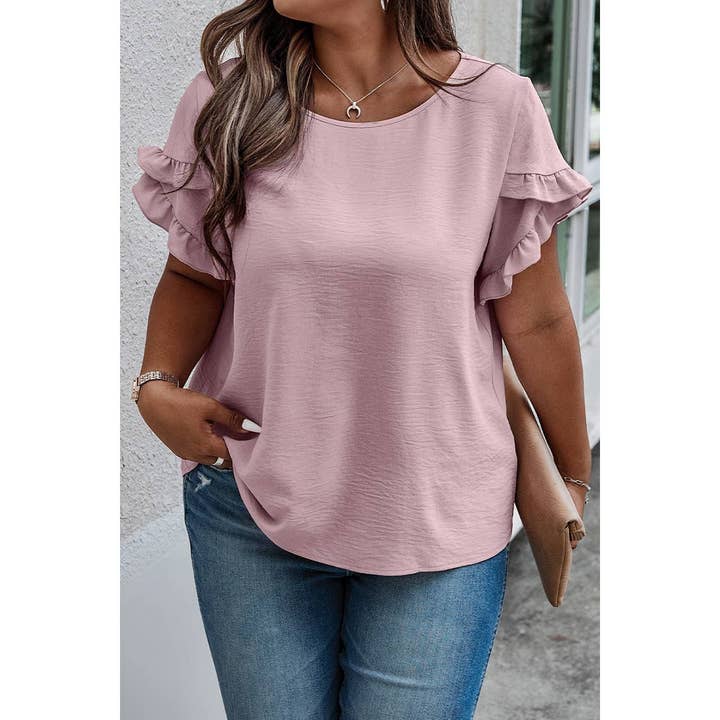 Elings - Wholesale Blouse - Women's - Plus Size Round Neck Ruffle Solid Loose Shirt7